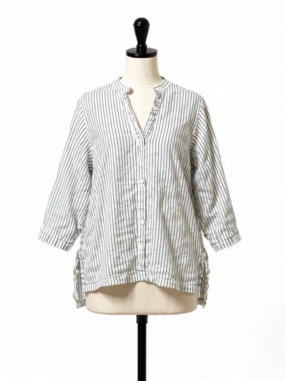⭐ Sigrid Olsen 1X White Navy Stripe Linen Button Up 3/4 Sleeve